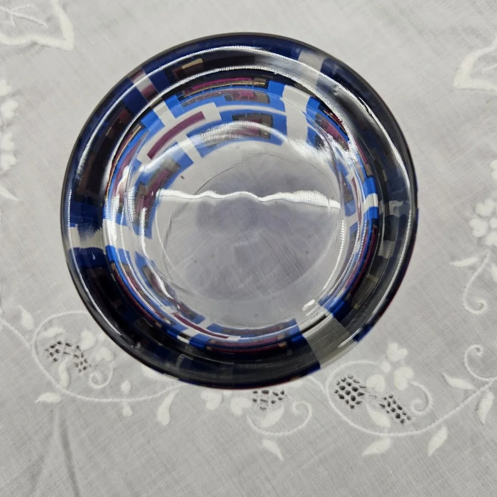 Vintage Berta MCM Rocks Glass Blue Purple Gold Greek Key‎ Geometric Barware